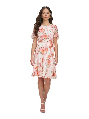 DKNY Womens White Lined Tie-belt Flutter Sleeve Fit + Flare Dress 2