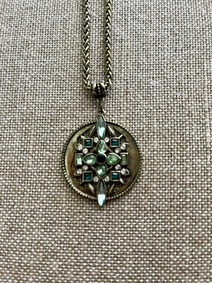 Antiqued Gold with Green and Clear Glass Pendant Chain Necklace with extender