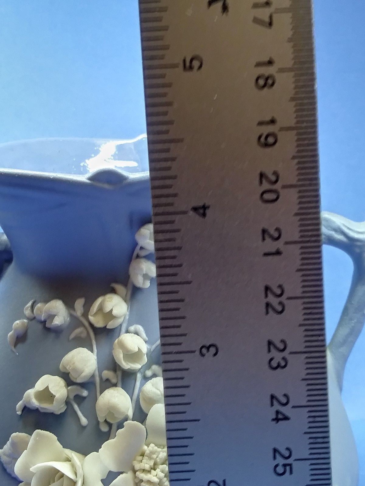 Lefton blue bisque  2183- 4 inch vase/flower pot, lillies of the valley