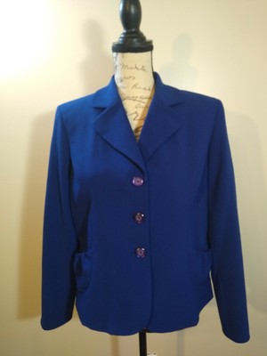 Kim Rogers Blue Blazer Stretch Jacket 12 Petite Pockets Lined