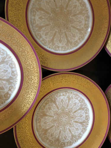 Set of 12 Limoges France Gold Encrusted Band China Dinner Plates Decal Red trim