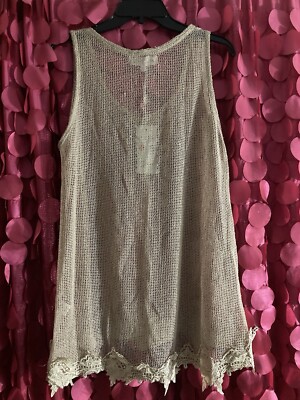NWT SAND/BEIGE PRETTY ANGEL TOUCH-ME TUNIC TOP SLVS STRETCH SZ L MSRP $165 WOW!!