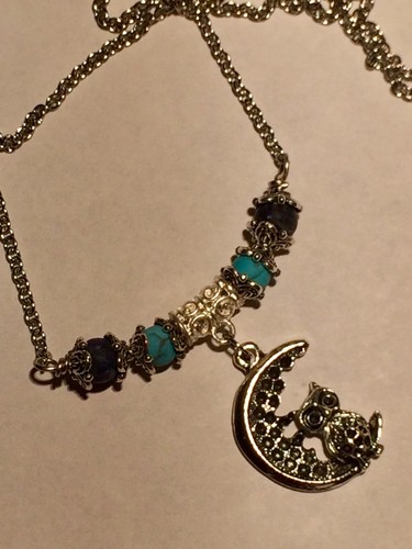 Owl On Moon Charm Necklace With Sodalite Stone Beads