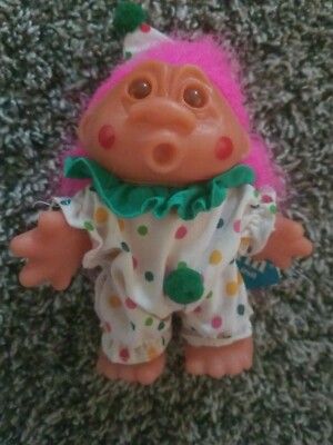 Vintage Dam Adopt A Norfin Troll 5 Inch Clown-1986- Pink Hair-Open Oh Face