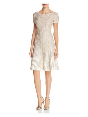 

ST JOHN Женское бежевое трикотажное платье решетчатой вязки с короткими рукавами + расклешенное платье, Бежевый