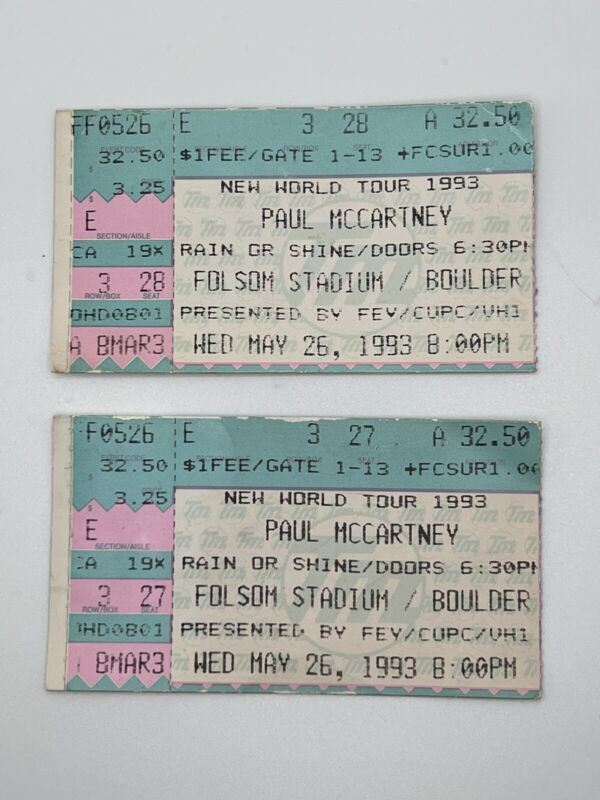PAUL McCARTNEY 1993 WORLD TOUR Boulder Colorado TICKET STUBS, Lot Of 2