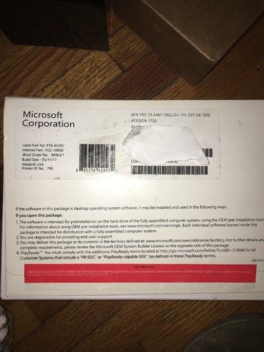Microsoft WIN10 PRO 64bit English 1pk dsp oei DVD version 1703