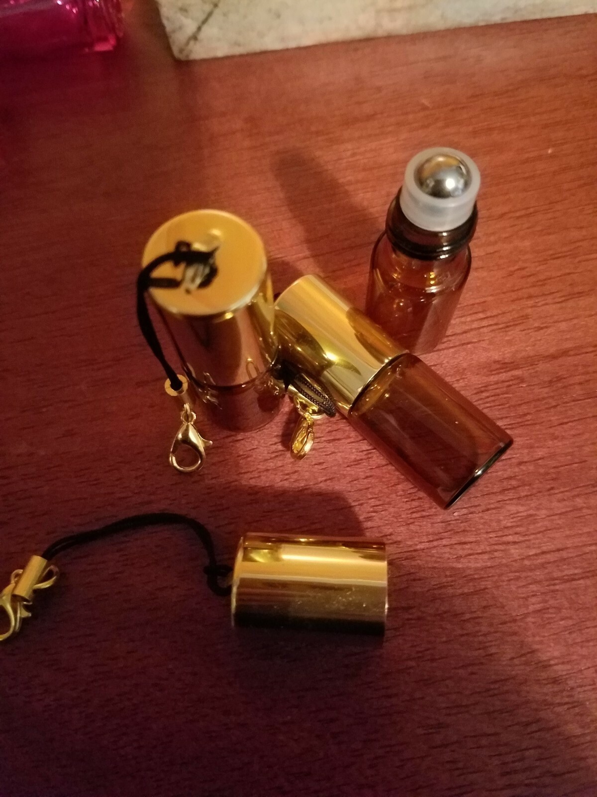 3ml amber roller bottles with keychain cap (THREE)