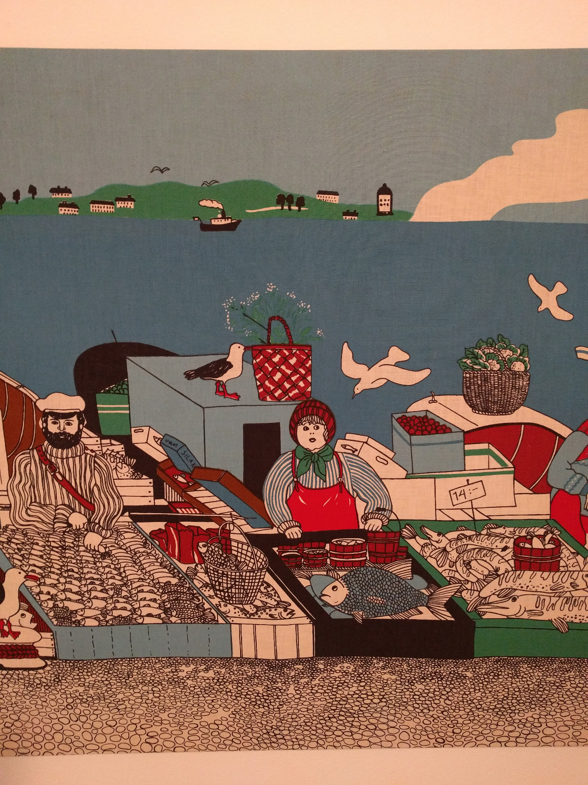 Large Vintage Mid Century Tampella Silkscreen Wall Art Fish Market 48x30 Finland