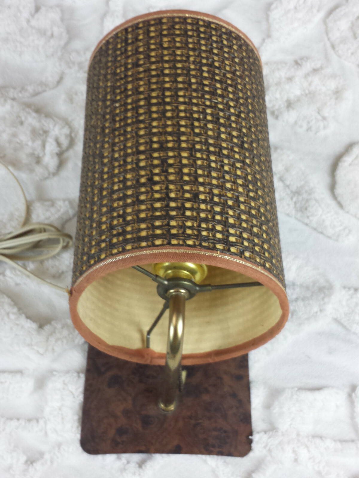 Wall Lamp w/ Shade Vintage Mid Century Woven Pull Chain Brown Boho Sconce