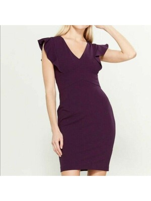 

DKNY Женское фиолетовое короткое вечернее платье-футляр с короткими рукавами и рюшами и V-образным вырезом, Фиолетовый