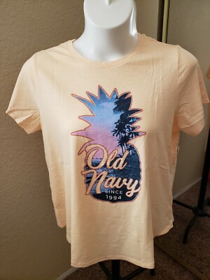 BRAND NEW:  Women's OLD NAVY Size XL Iced Peach with Palm Trees 100% Cotton Tee