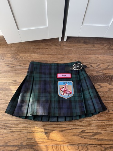 ミニスカート MiuMiu Embroidered wool blend mini skirt Miu Miu logo-appliqué Wool Miniskirt | Blue | FARFETCH