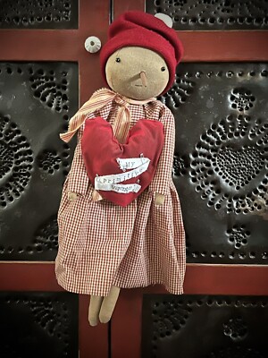 GP Grubby Primitive Snowman Country Farm Rag Doll w Valentine Heart Folk Art 16''