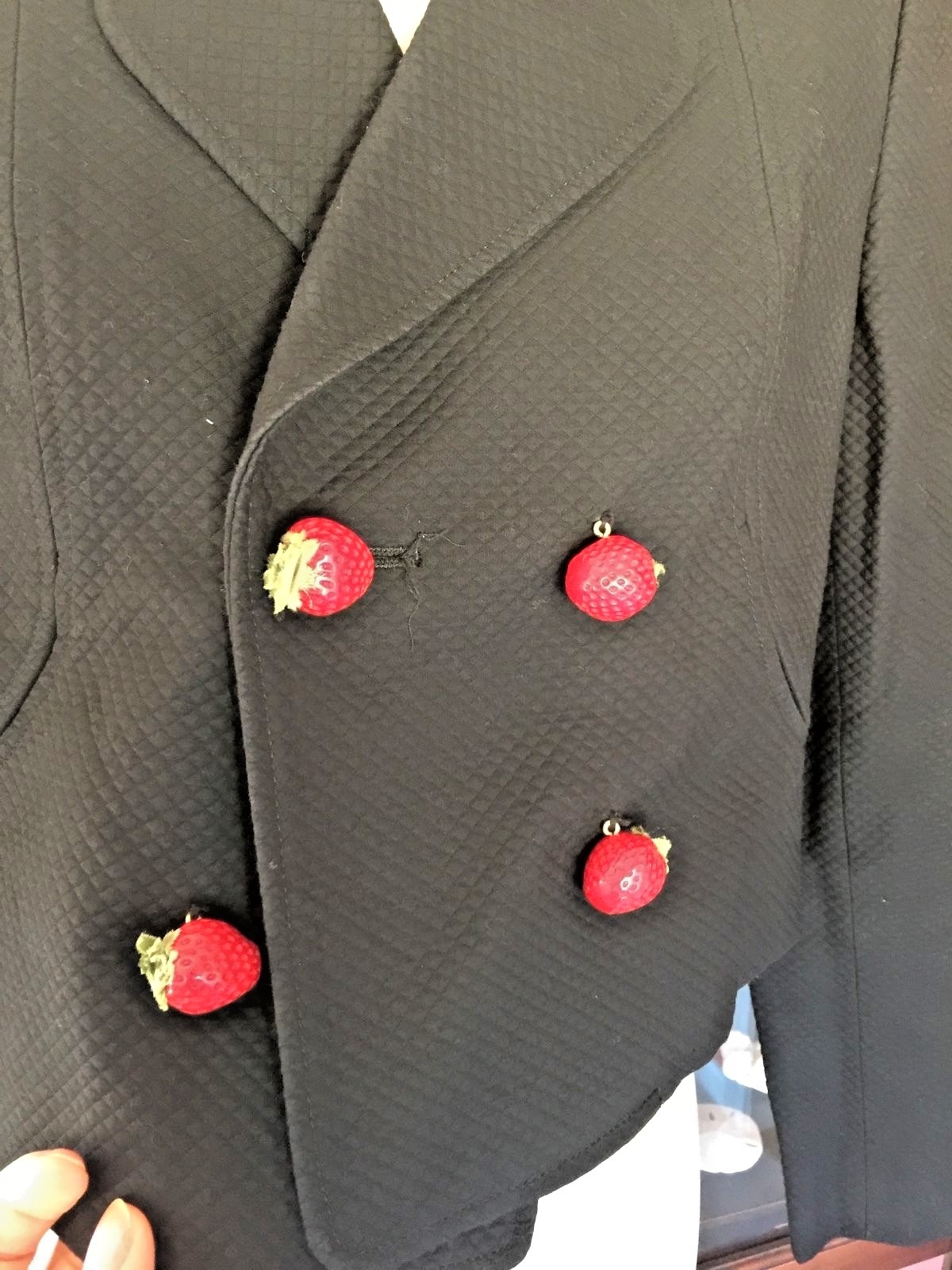 Moschino Cheap & Chic Black Lined Strawberry Buttons Long Sleeve Jacket Sz 6