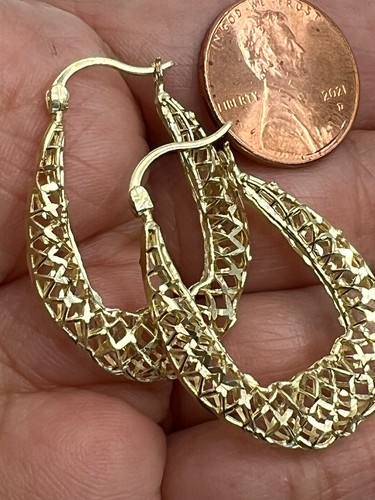 Pre-owned Handmade Gold Oval Turkish Earring 10k Solid Filigree Long Dangle Solid Gift Her 1.30”