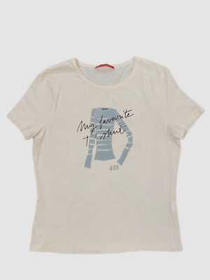 $50 Alain Manoukian Womens Beige Crew Neckline Graphic Print T-shirt Top Size XS
