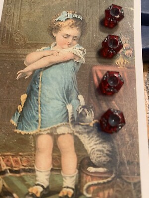 Set of 4~Vintage Demi Hex Ruby  Red  Glass Opalescent glass  Buttons ~NOS