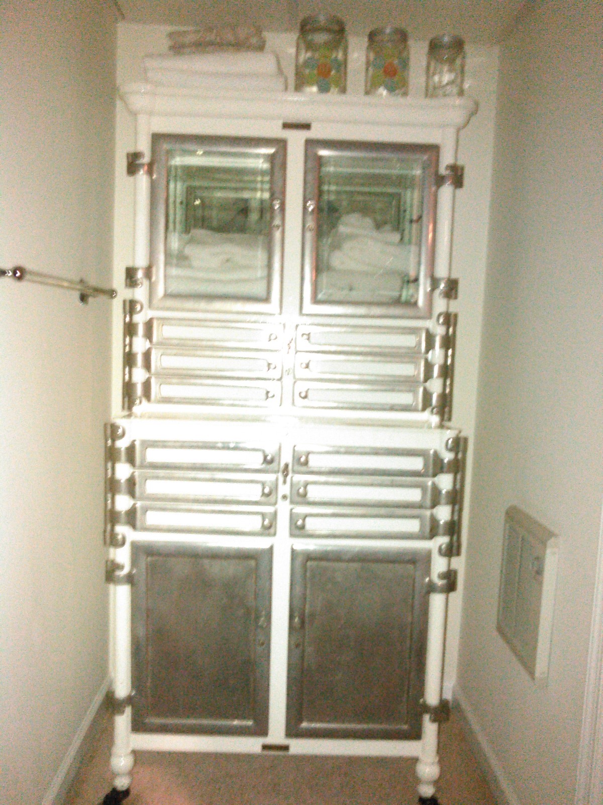 1909 Bown Dental Cabinet, White Enameled Steel, Glass & Mirrored w. Nickel Hrdwr