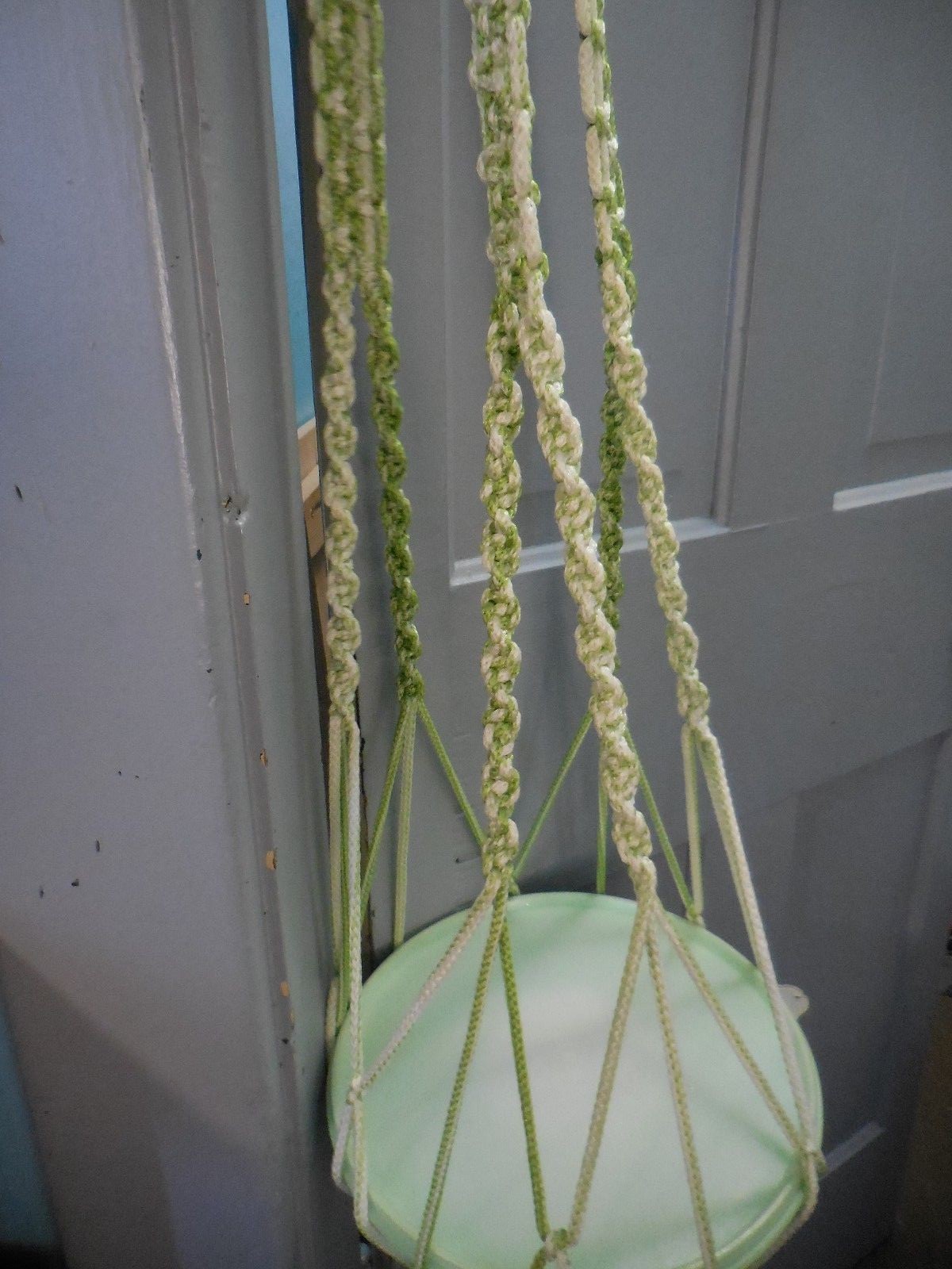 Vintage Macrame Plant Hanger Green and White 63
