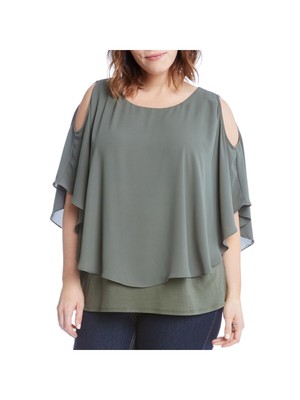 KAREN KANE Womens Green Stretch Layered Flutter Sleeve Round Neck Top Plus 0X