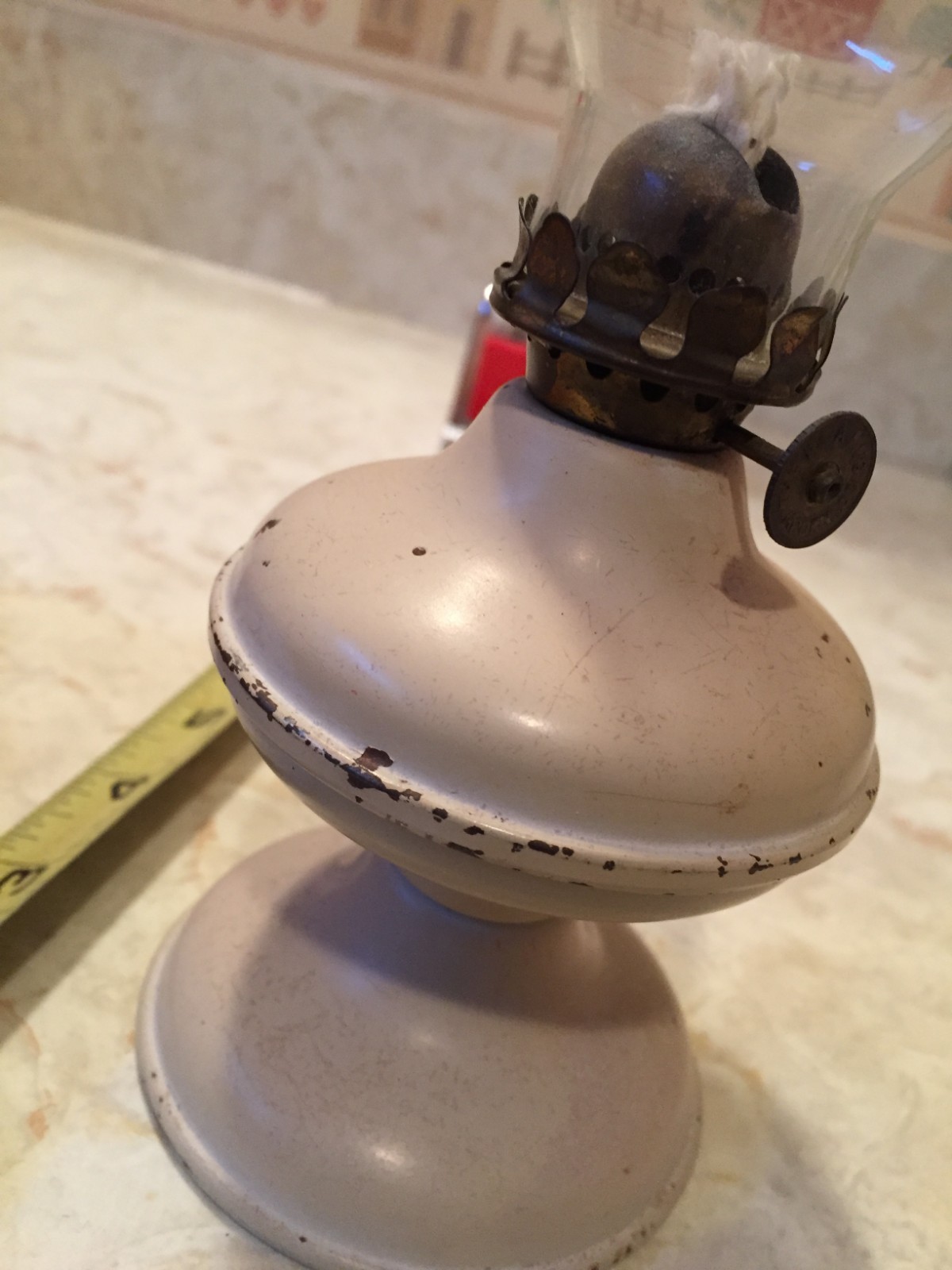 Vintage Beige Metal Miniature Oil Lamp with Shade  Acorn P&A Mfg. Co