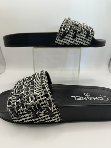 Chanel Tweed Black LOGO CC Charm Silver Hardware Chain