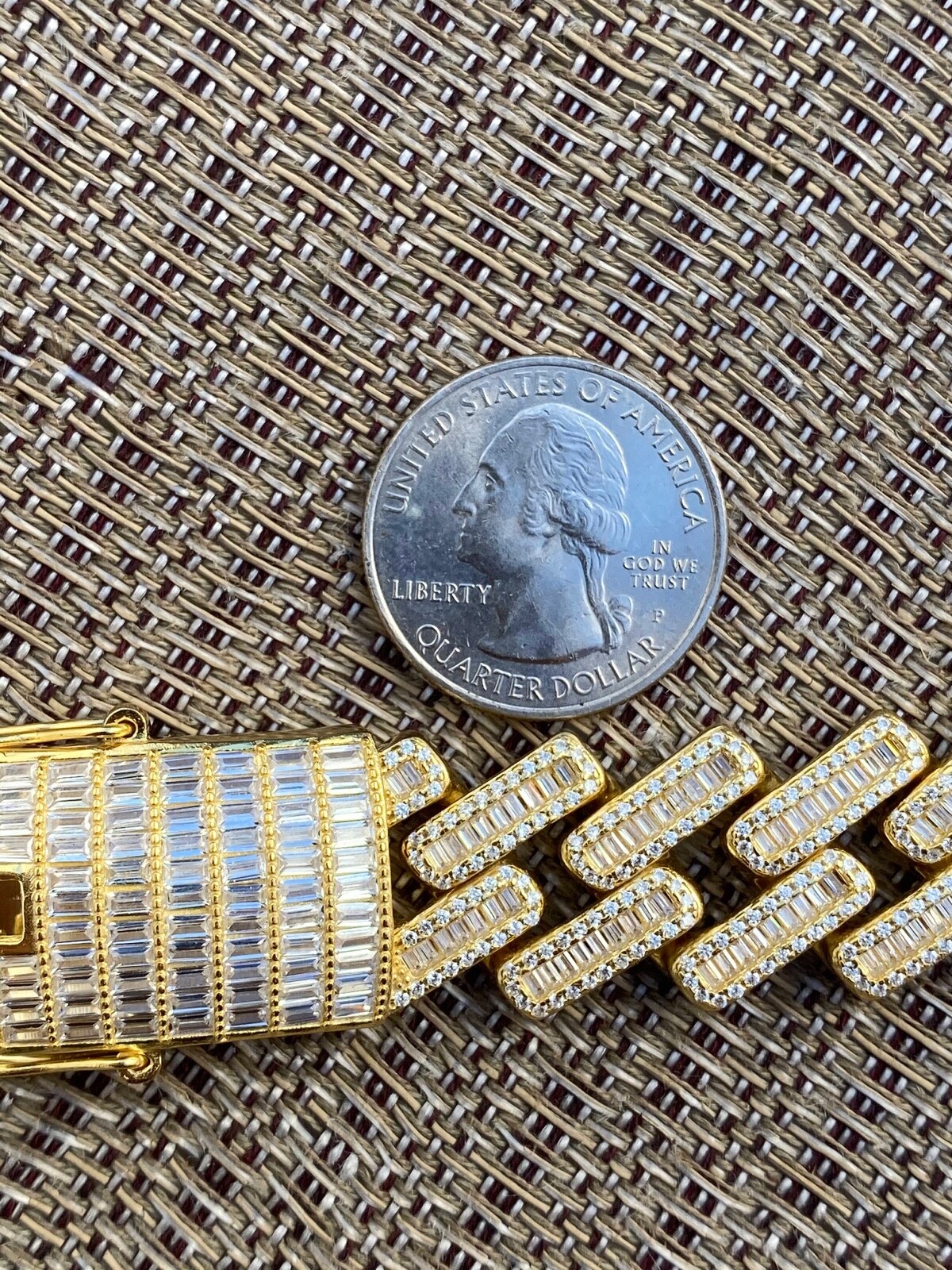 Pre-owned Silver 18mm Baguette Prong Cuban Bracelet Gold Plated Solid 925 Sterling  Cz In Yellow