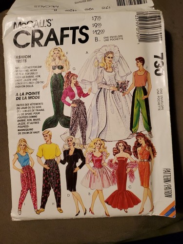 McCall's 5738 / 730 Barbie Ken Doll 11 1/2" Pattern mermaid wedding tops uncut
