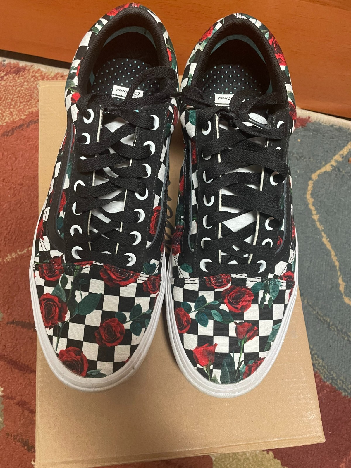 custom rose vans platform checkered old skool