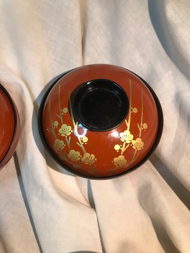 Japanese Vintage Red lacquer ware Makie wooden Soup Bowl 4 Pc. Set Gold Flowers
