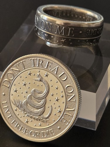 Dont Tread on Me Coin Ring .999 Silver Live Free Or Die You Pick Size 8-13