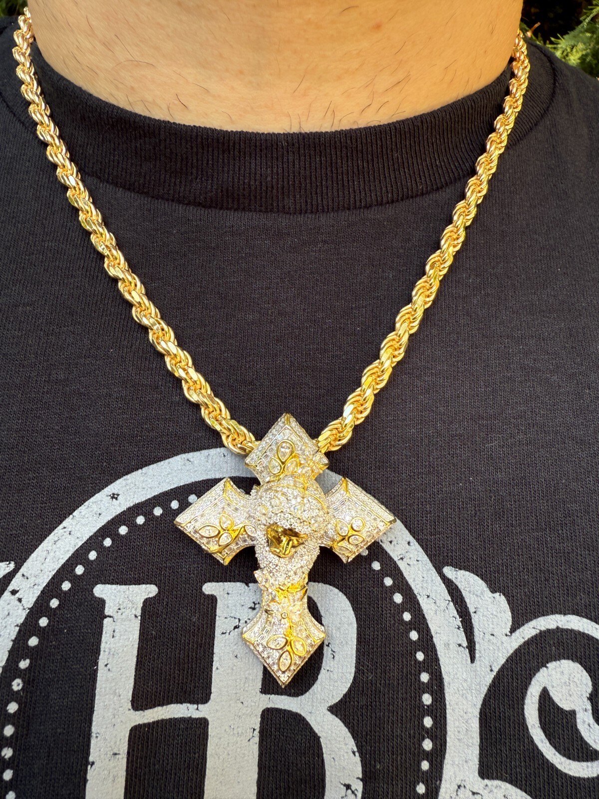 Pre-owned Hip Hop Moissanite 3d Cross Jesus Face Pendant Iced Necklace Real 925 Silver / 14k Gold In White