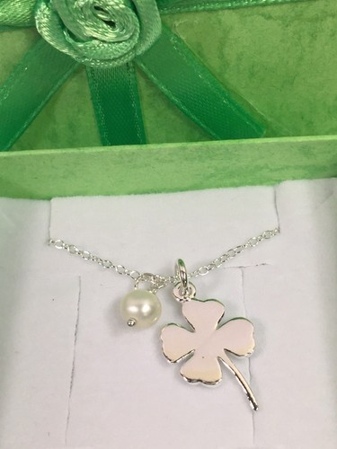 925 Sterling Silver Four Leaf Clover Shamrock Pearl Charm Pendant Necklace 16”