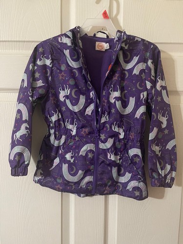 Girls Purple Unicorn Rainbow Rain Hood Jacket. Zipper. Pockets. Size Large 10-12