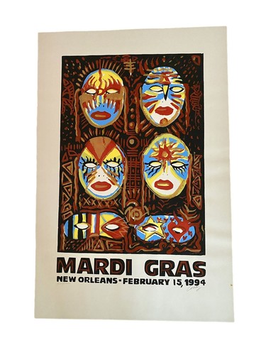 Vintage Mardi Gras Amzie Adams Double Signed Painted Poster