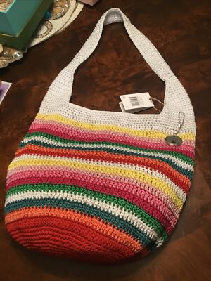 NWT The Sak White  Crochet Craze Multicolor Stripe Handbag Brand New Snap Close