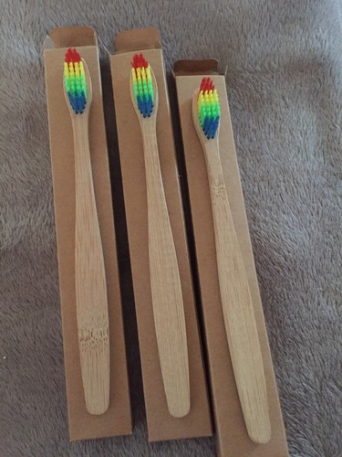 3 Bamboo Toothbrush Soft Multi Color/ Rainbow Bristles For Adults Eco Friendly