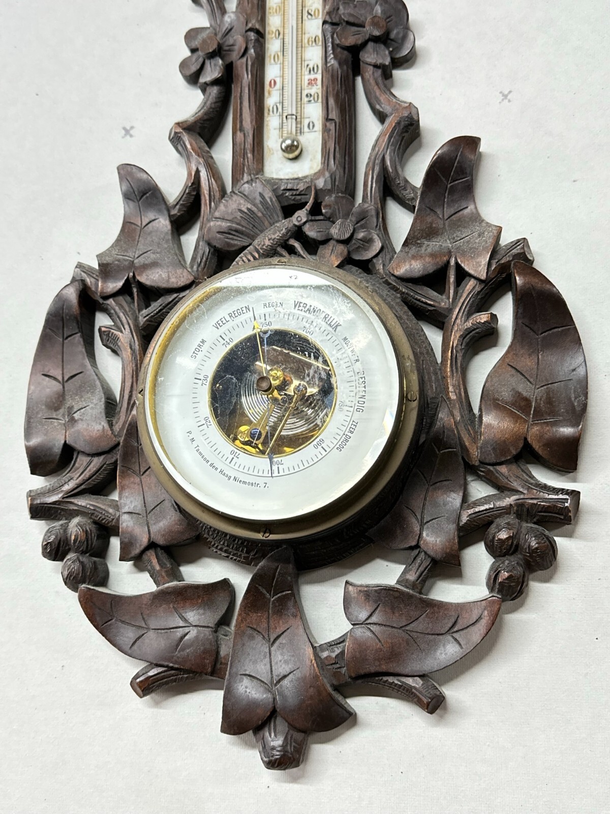 antique black forest barometer carved birds p.m  tamson ornate