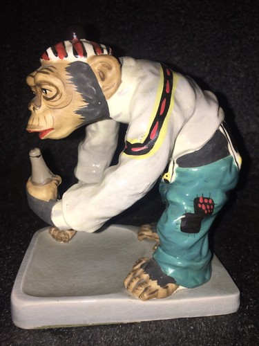 QUALITY 40-50s Porcelain Drunken Monkey In Suspenders Hand Painted Figurine 6.5”