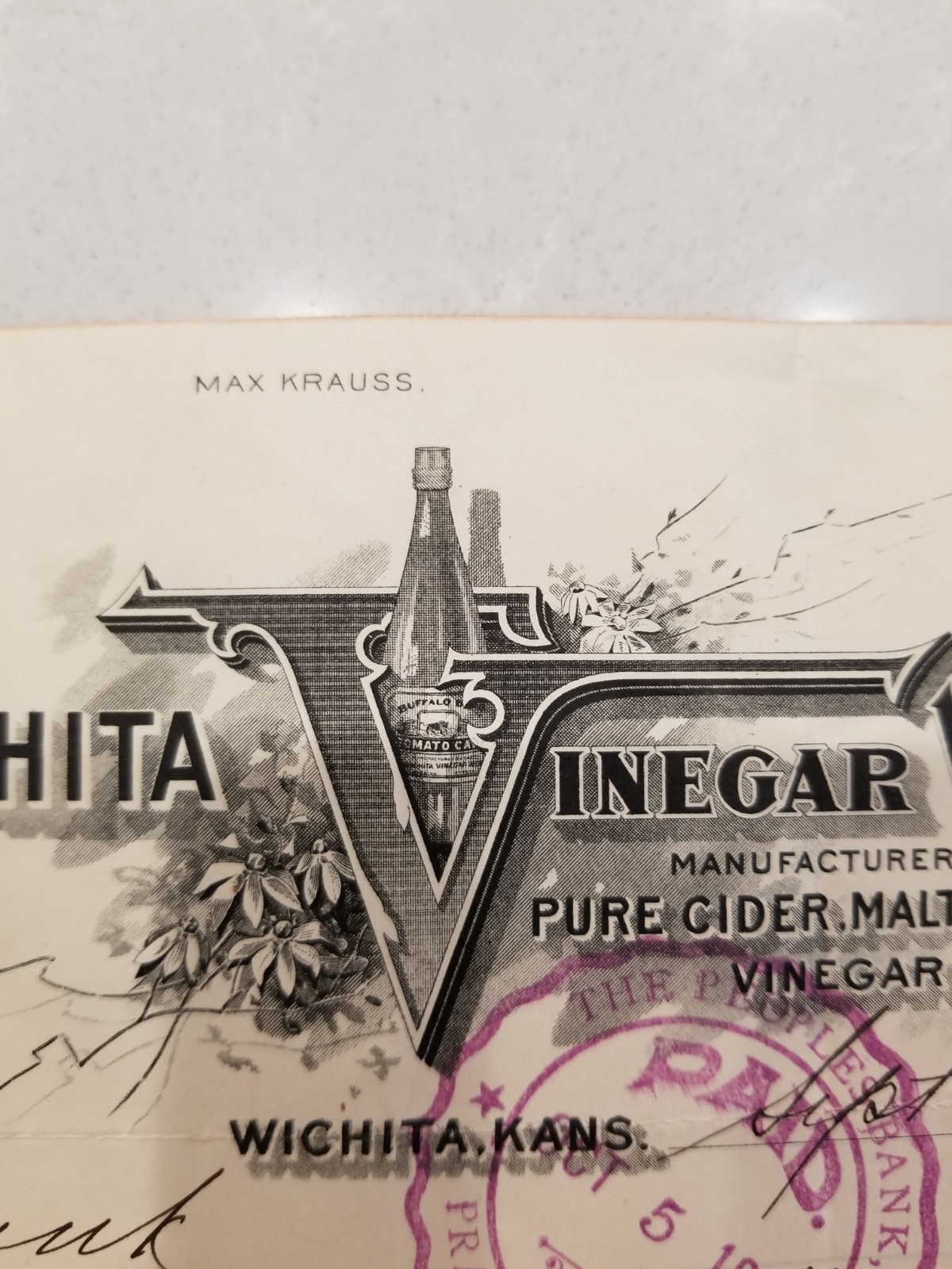 Vintage 1904 Advertising Billhead Wichita Vinegar Works Illustrated & Signed