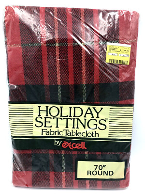 Vintage New Excell Acrylic Red Green Plaid Check Holiday 70'' Round Tablecloth