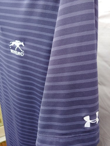 KEENELAND HORSE RACE TRACK PURPLE 3 BUTTON Lg GOLF POLO SHIRT POLY UA HEATGEAR