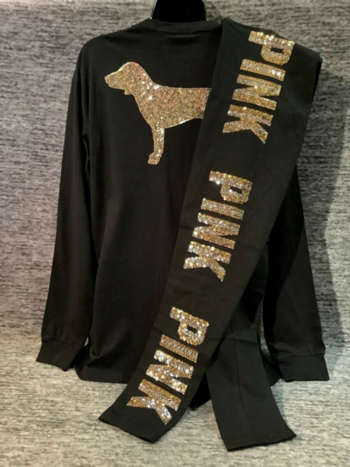 Pre-owned Victoria's Secret Pink Bling Campus Tee Shirt + Leggings Set Black Dog Logo M