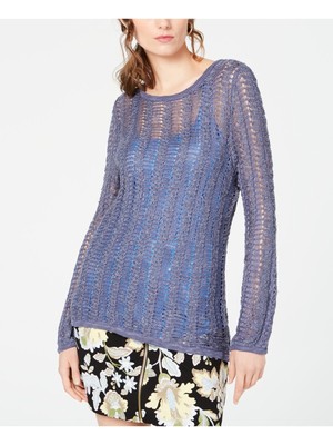 

INC Женский синий открытый вязаный свитер с длинным рукавом и круглым вырезом