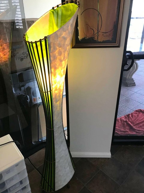 Self Standing Ornate Lamp With Pearlescent Shells And Bamboo