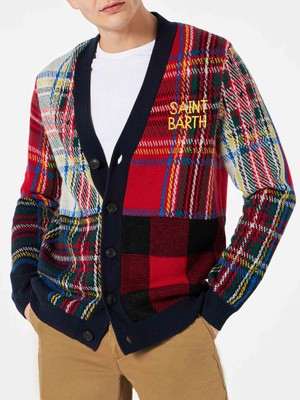 Pre-owned Mc2 Saint Barth Man Tartan Knitted Cardigan With Saint Barth Embroidery In Blue