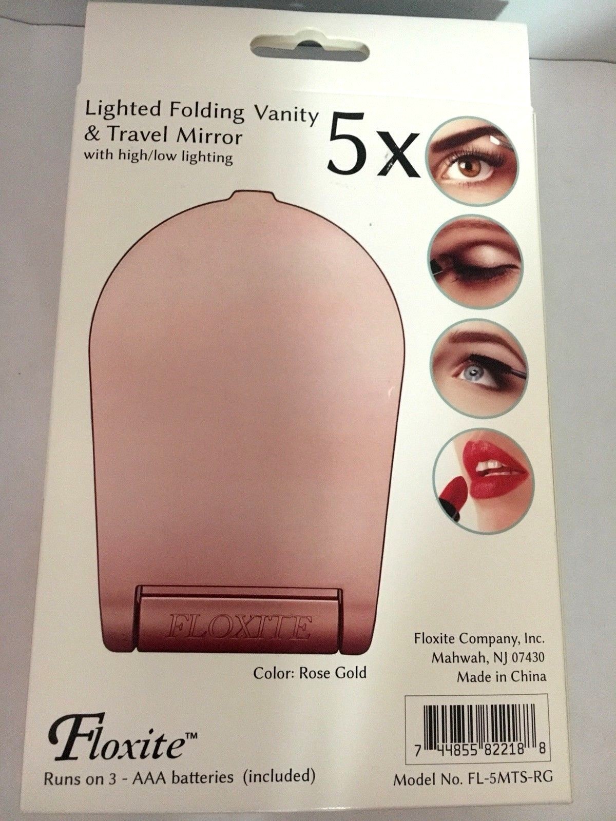 Floxite 5x Lighted Folding Travel & Vanity Mirror In Rose Gold Batteries Include