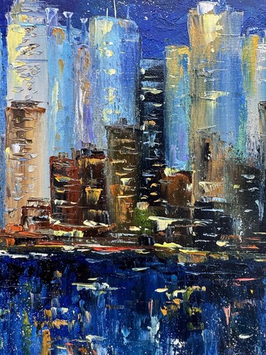 New York Original Art Night Cityscape Painting Skyline Art New York Painting