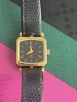 Vintage GUCCI Authentic Stack Square Women's Watch ~ Black Leather Band